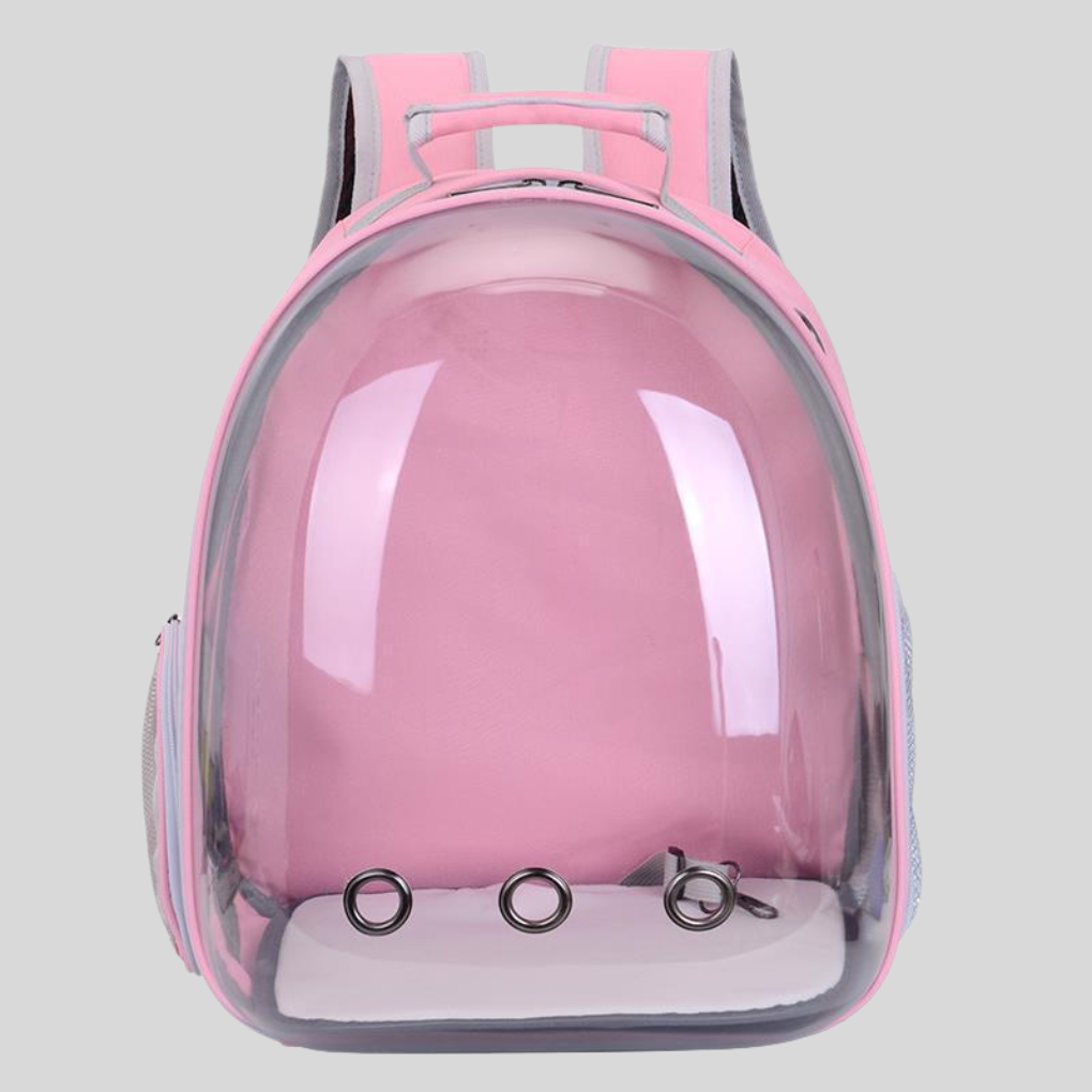 Small pet travel carrier backpack, black, side view with pet inside, secure and ventilated for cats/dogs.