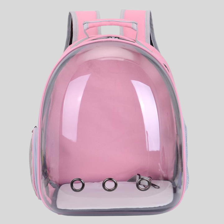 Small pet travel carrier backpack, black, side view with pet inside, secure and ventilated for cats/dogs.