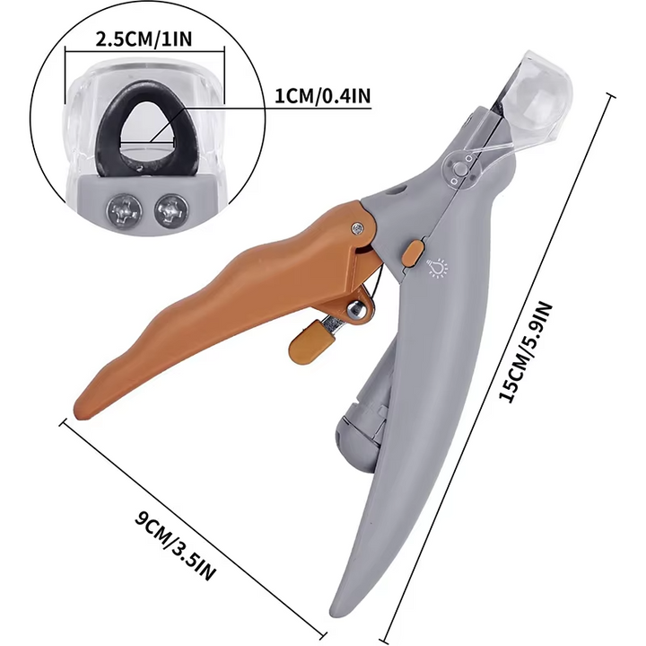 Close-up of pet nail clippers with bright LED light for safe and precise grooming