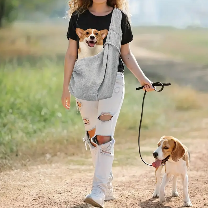 Gray pet sling carrier for small dogs & cats, perfect for car travel, shoulder bag design.
