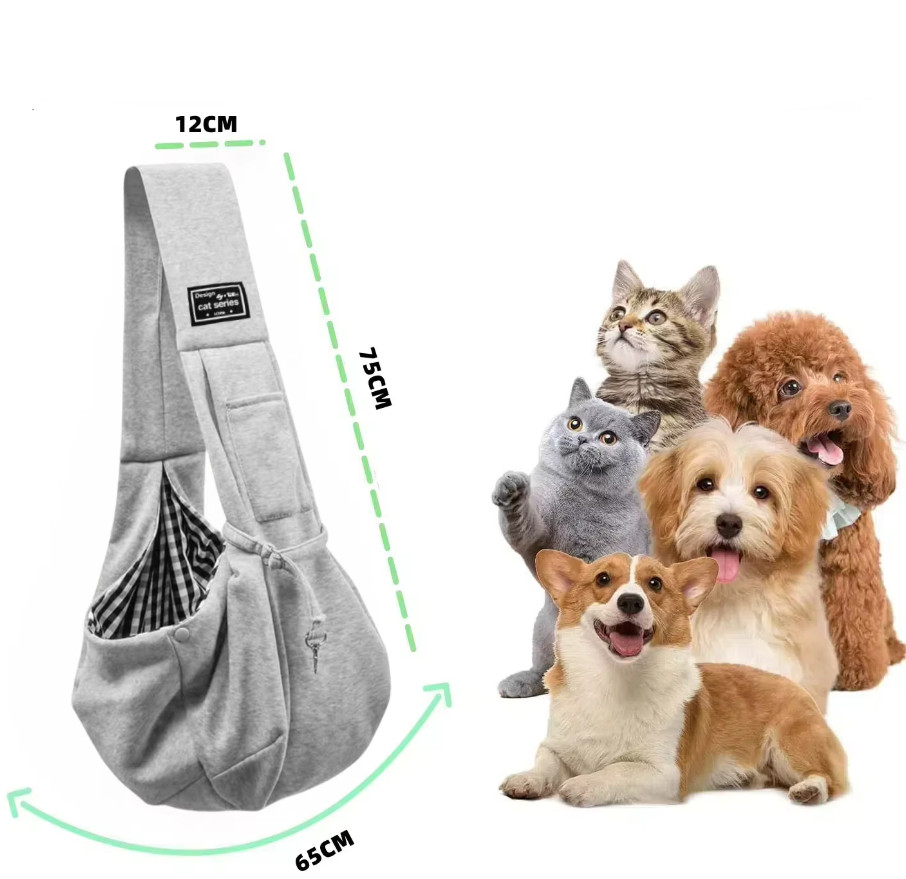 Unisex gray pet sling for small pets, dog & cat travel accessories, comfortable shoulder bag.