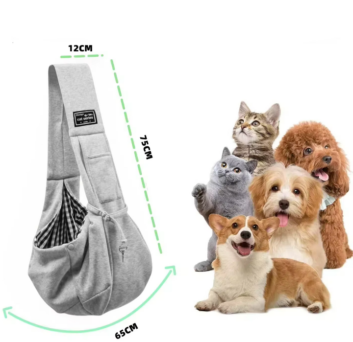 Unisex gray pet sling for small pets, dog & cat travel accessories, comfortable shoulder bag.