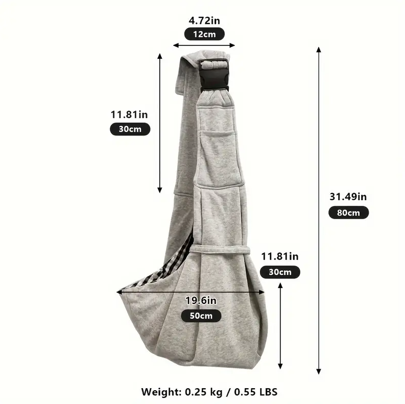 Comfortable gray pet sling for small pets, dog carrier, cat bag perfect for travel.
