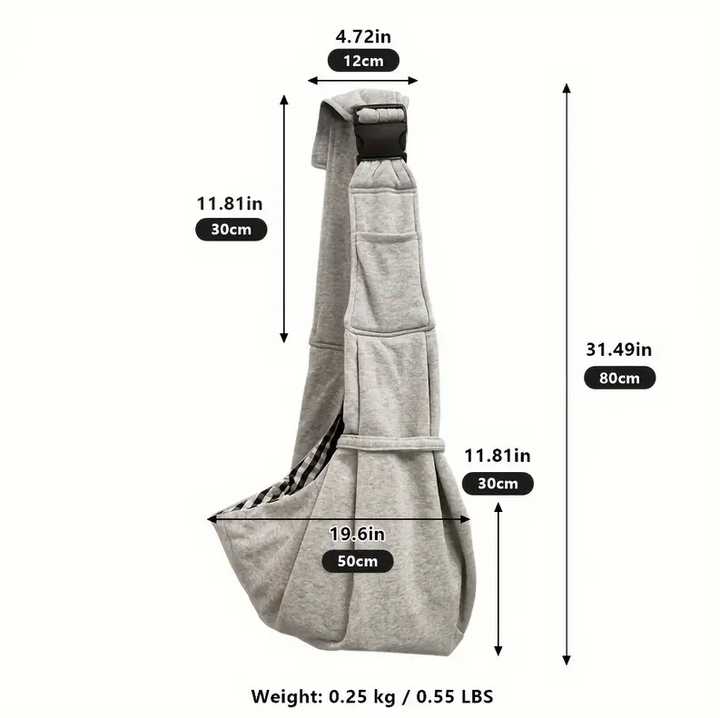 Comfortable gray pet sling for small pets, dog carrier, cat bag perfect for travel.