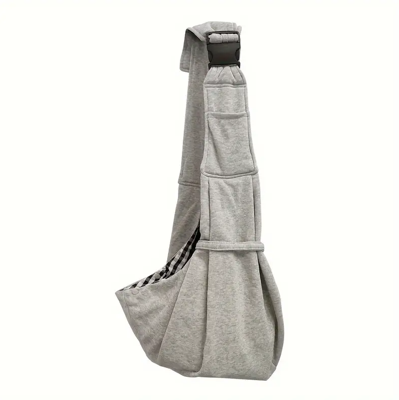 Unisex pet travel sling in gray, shoulder bag for small dogs & cats, car accessory.