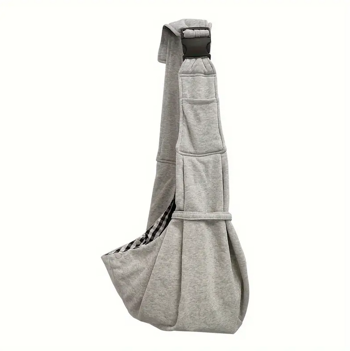 Unisex pet travel sling in gray, shoulder bag for small dogs & cats, car accessory.