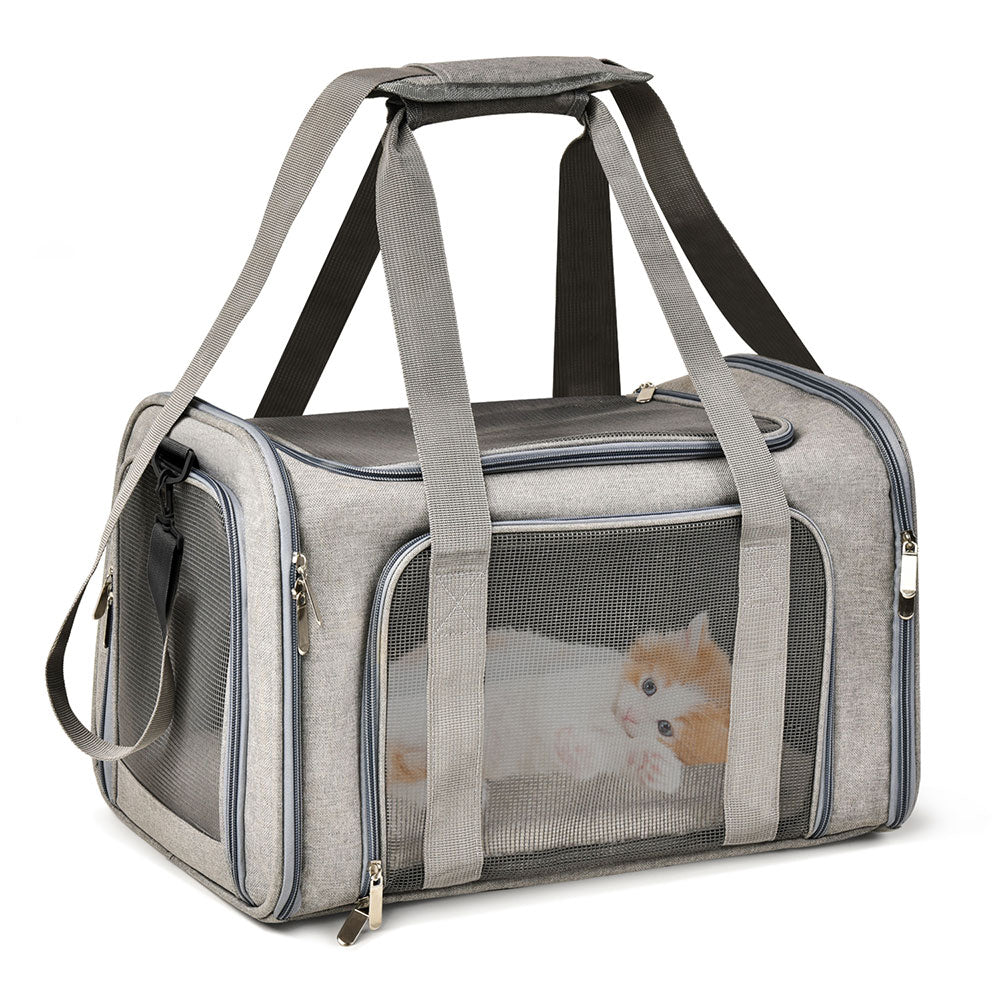 Gray soft-sided airline-approved pet carrier for small dogs with breathable mesh.