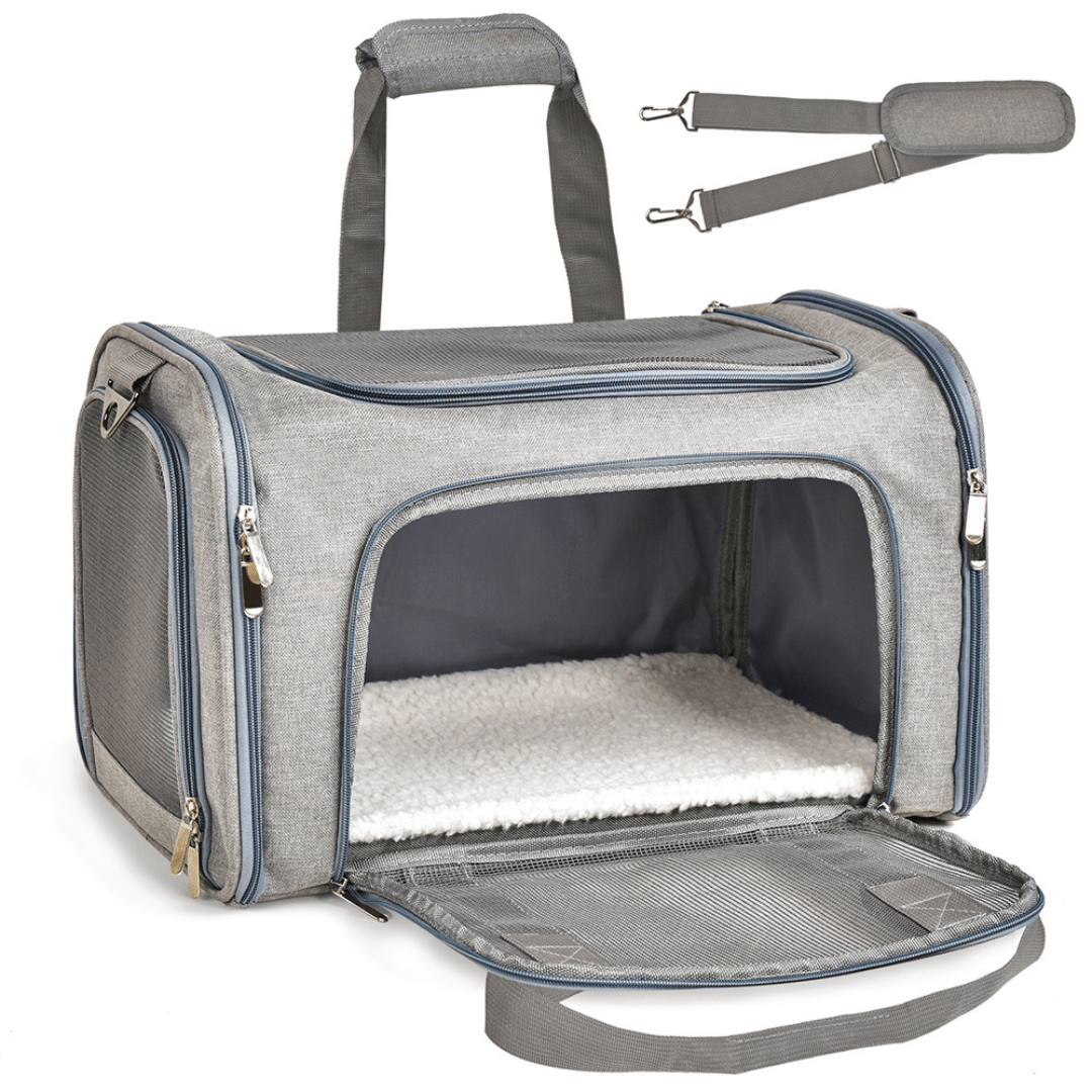 Pet carrier for dog travel, black soft-sided, airline compliant with mesh windows.