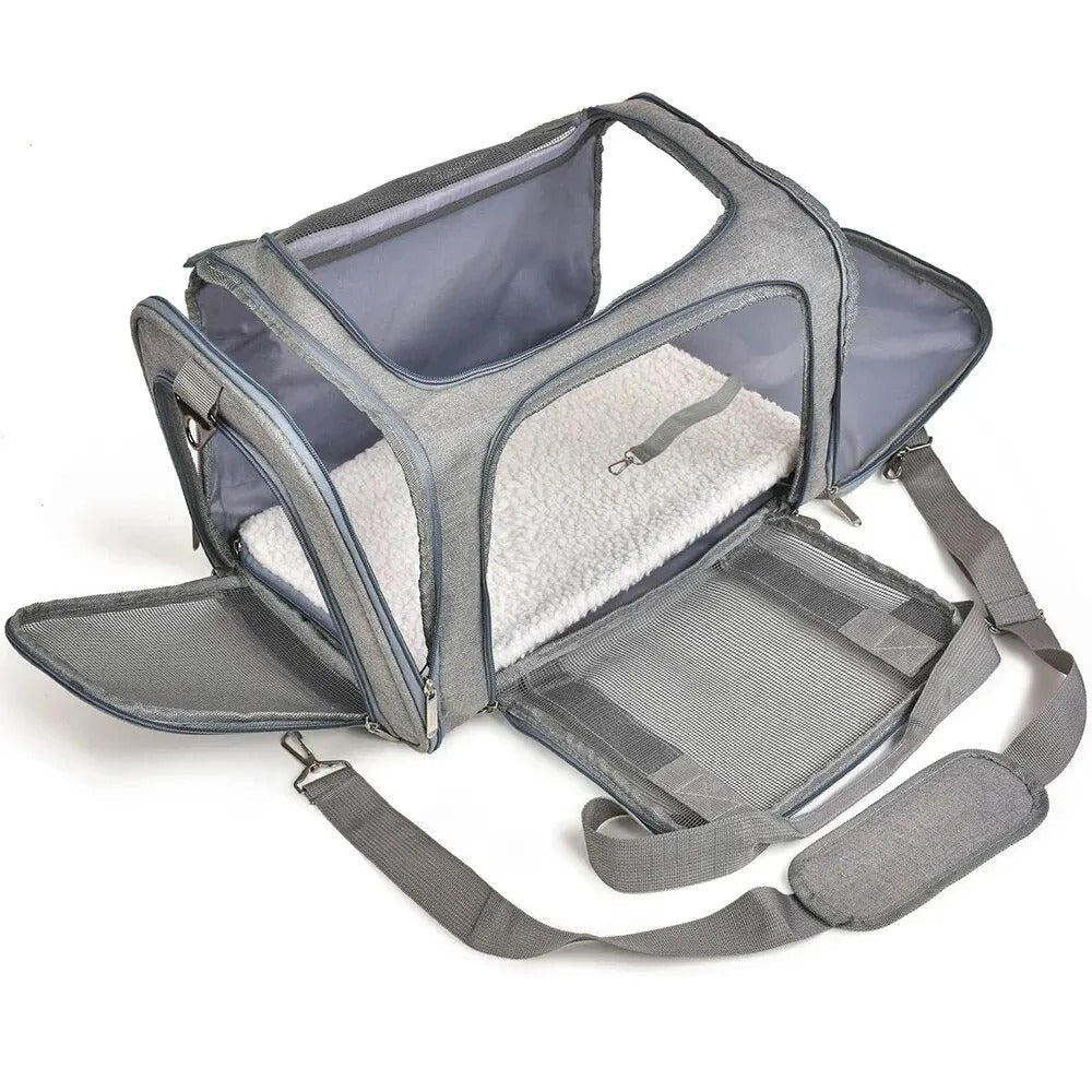 Unisex small dog pet travel bag, airline approved, black soft carrier with mesh.