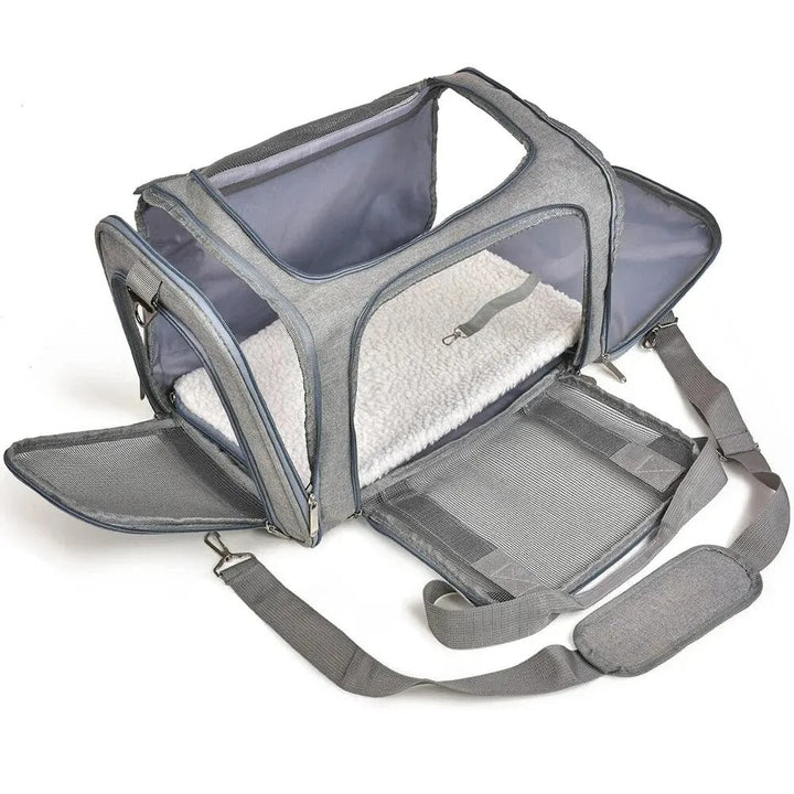 Unisex small dog pet travel bag, airline approved, black soft carrier with mesh.