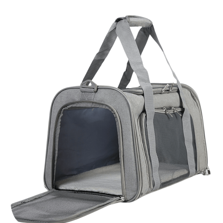 Black airline compliant pet carrier, hands-free solution for small dogs on the go.