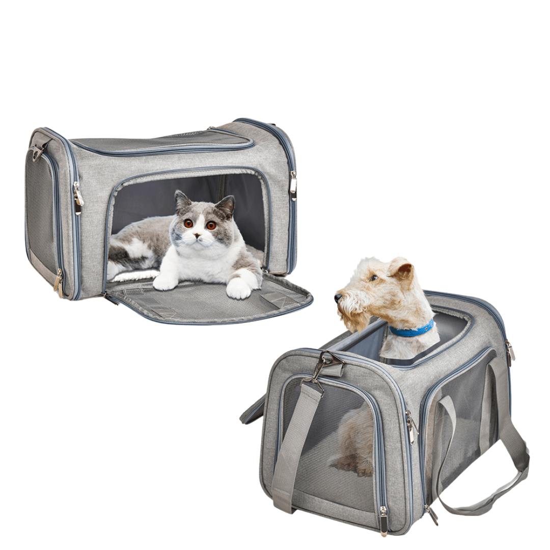 Breathable mesh pet travel bag, gray soft-sided carrier, airline approved for small dogs.