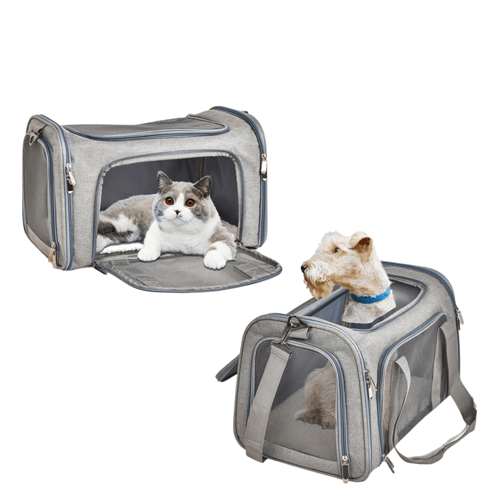 Breathable mesh pet travel bag, gray soft-sided carrier, airline approved for small dogs.