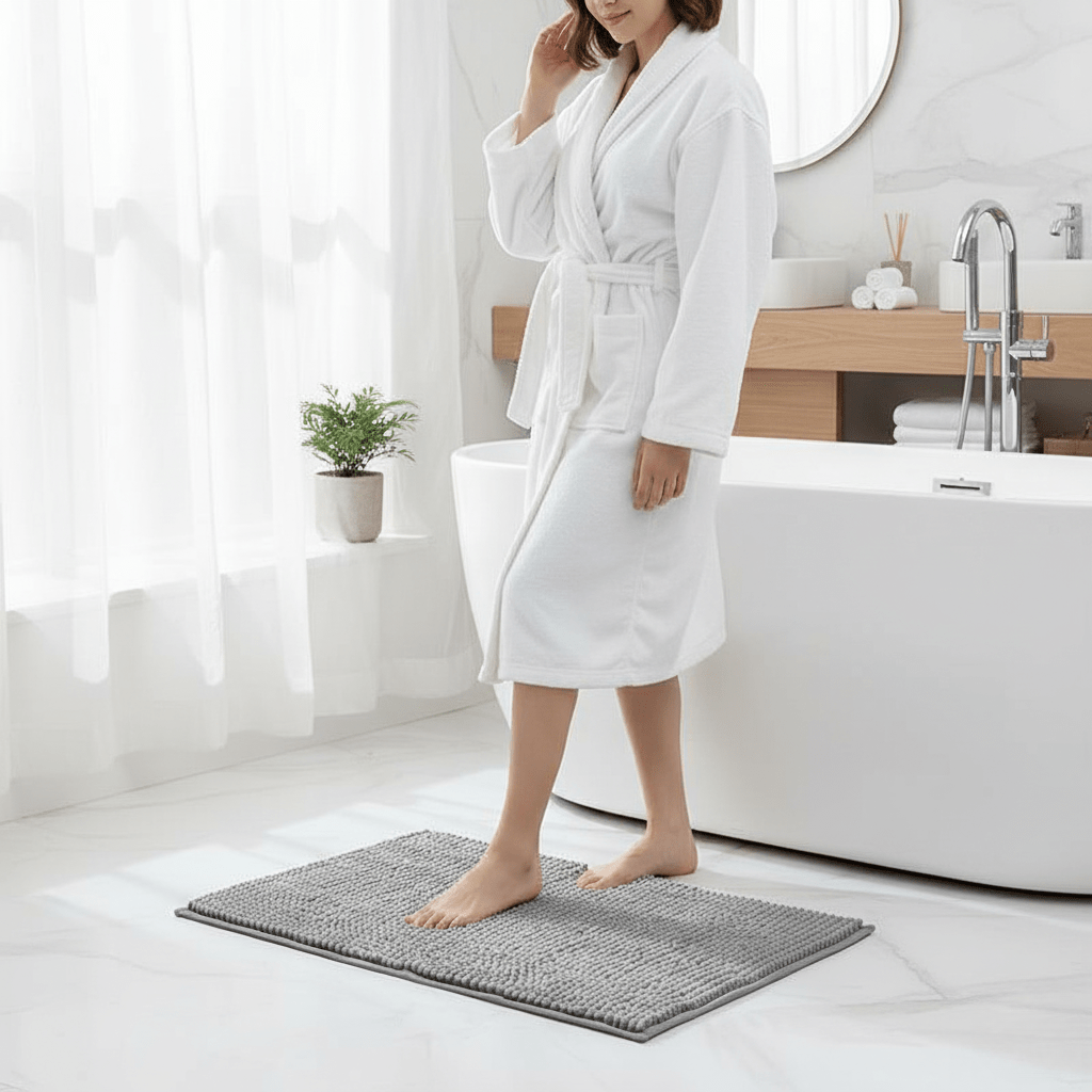 Beige chenille bath mat, ultra soft and absorbent, with non-slip backing. Washable bathroom floor mat.