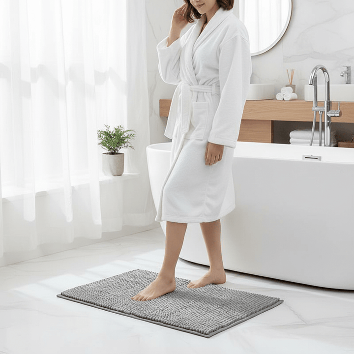 Beige chenille bath mat, ultra soft and absorbent, with non-slip backing. Washable bathroom floor mat.