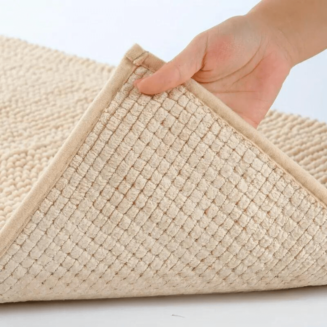 Gray non-slip bath mat, ultra soft chenille, highly absorbent. Durable washable bathroom floor mat.