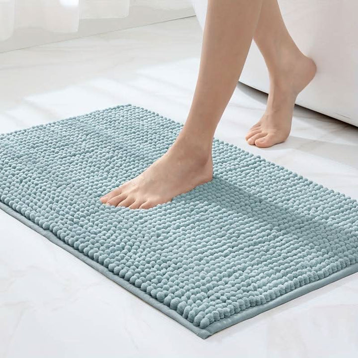 Blue ultra soft chenille bathroom rug. Non-slip, absorbent bath mat for safety & comfort. Washable.
