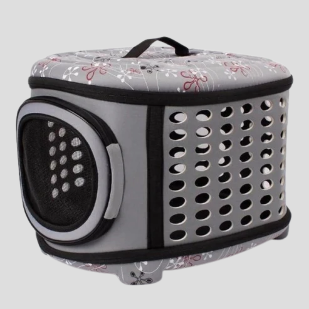 Gray ventilated pet travel carrier for cats, lightweight and breathable for small pets