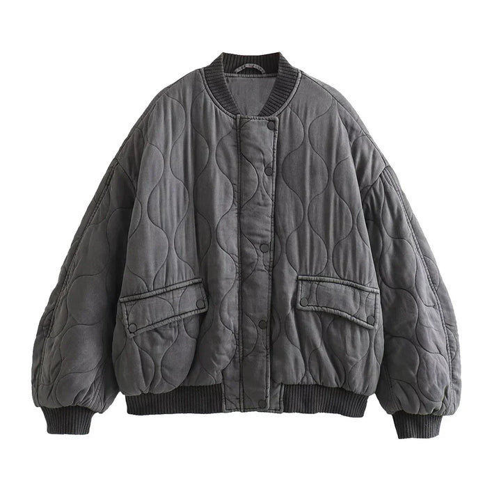 Gray women's quilted bomber jacket. Stylish everyday fashion outerwear, perfect for autumn & winter layering.