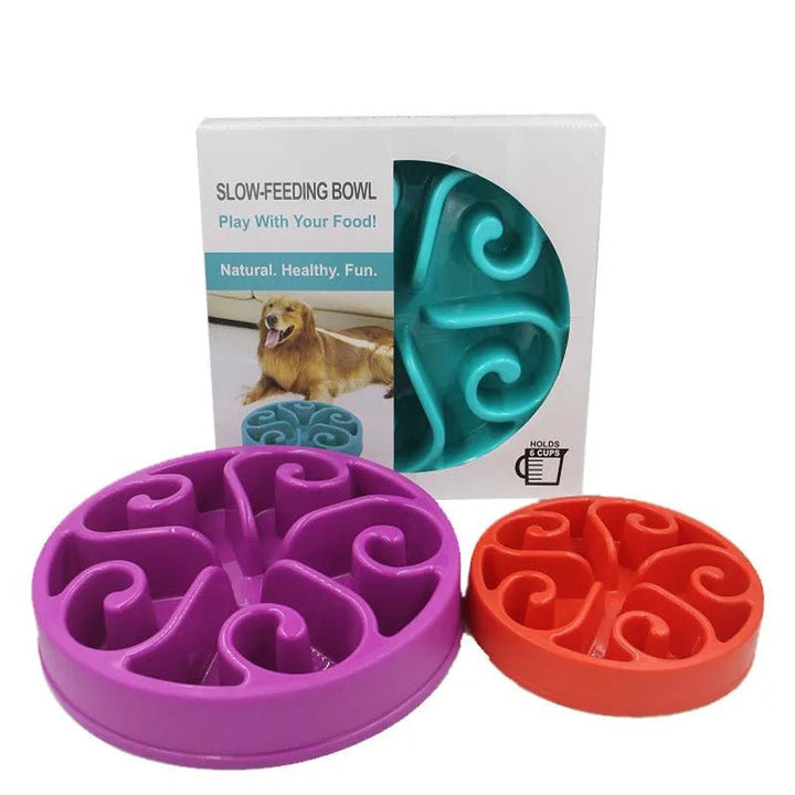 Close-up of blue slow feeder dog bowl with anti-gobble design for fast eaters.
