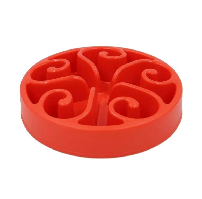 Overhead view of slow feeder dog bowl with intricate pattern to prevent gobbling.