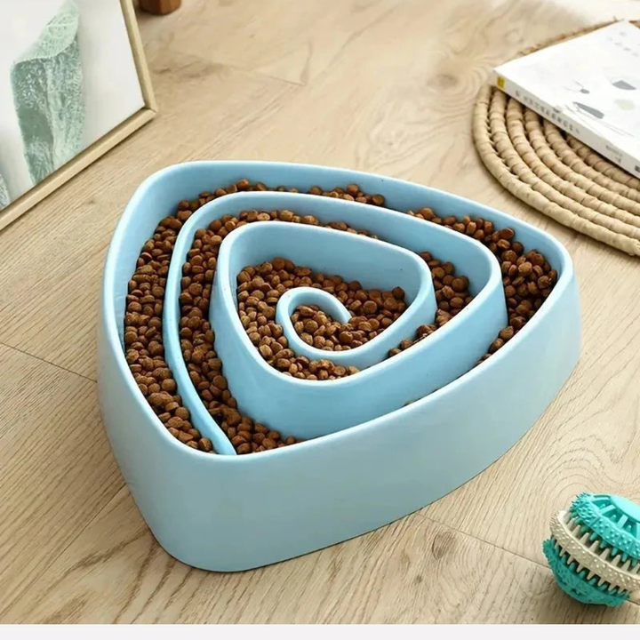 Green anti-gulping dog bowl for slow eating, reducing pet mealtime speed and improving digestion