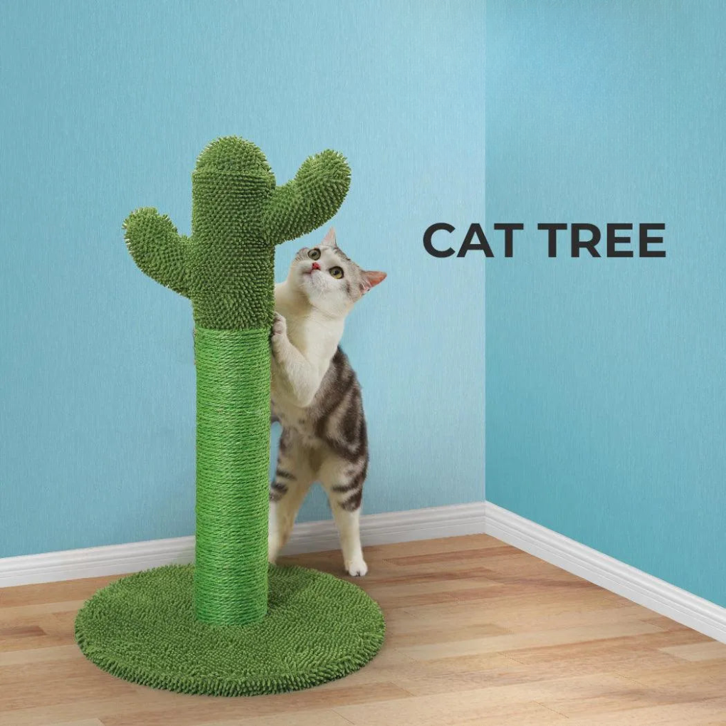 Green cactus cat scratching post with durable sisal rope for feline care and playtime.
