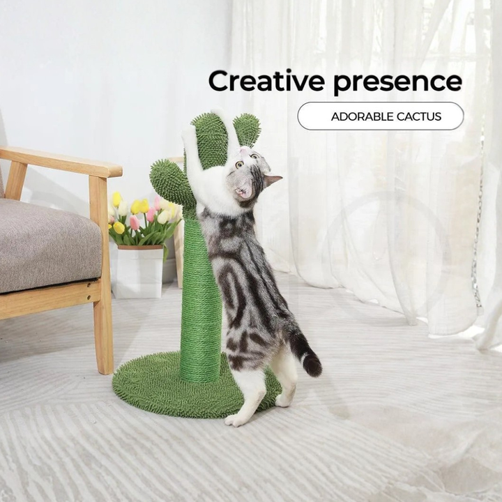 Cactus design cat scratcher, sisal post and pet furniture, promoting healthy scratching habits.