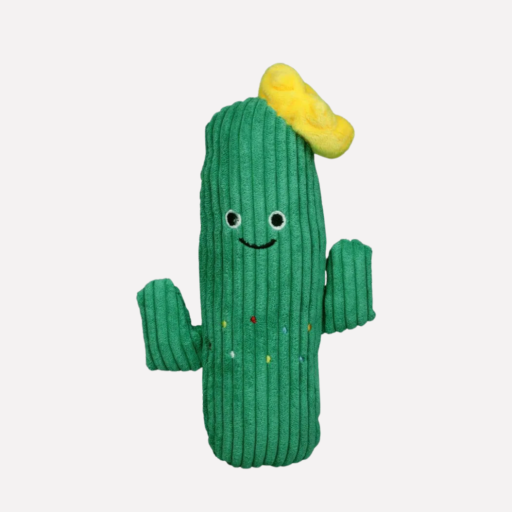 Green cactus dog chew toy with squeaker, durable plush for interactive play