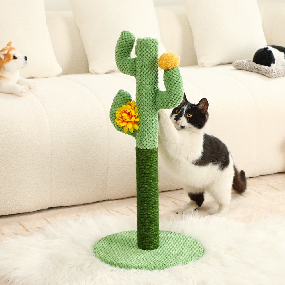 Green cactus sisal scratching post for cats with multiple levels, a fun cat enrichment toy.