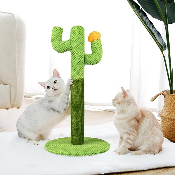 A cat playfully using a multi-level cactus sisal scratching post tree, ideal for cat enrichment.
