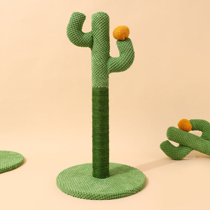 Detailed view of a green cactus-shaped cat scratching post, a stylish piece of pet furniture.