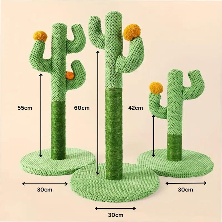 Happy cat stretching on a new cactus sisal scratching post tree, offering both fun and claw care.