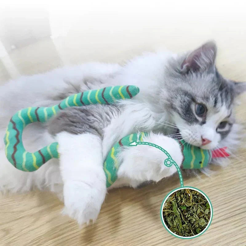 Green catnip-filled snake toy for cats, enticing feline playtime with durable fabric construction.