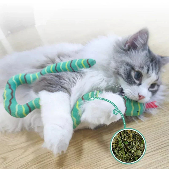 Green catnip-filled snake toy for cats, enticing feline playtime with durable fabric construction.