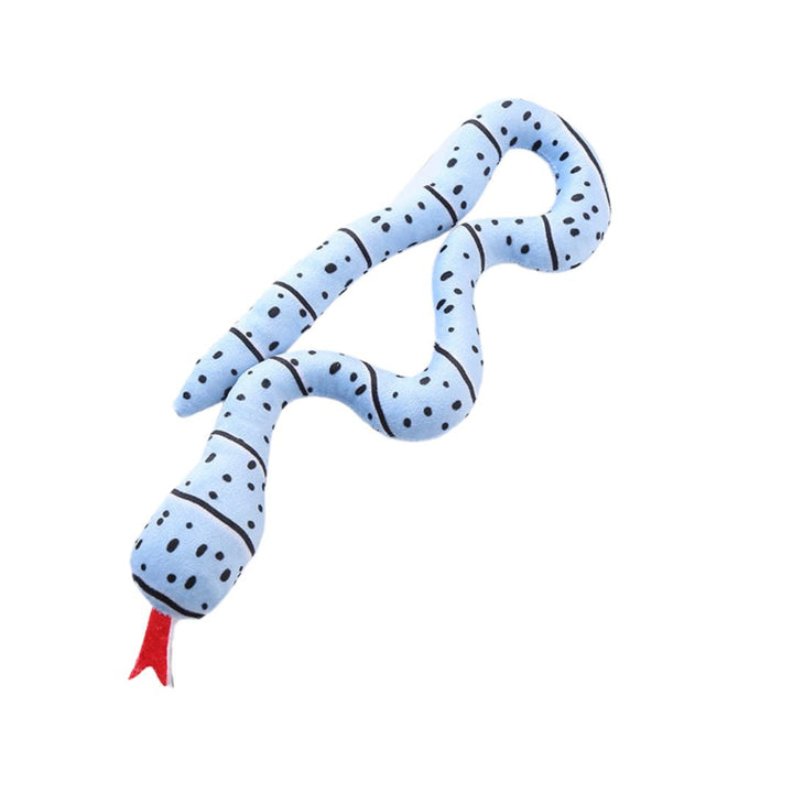 A cat sniffing and batting at a catnip-filled snake toy, enjoying playful interaction.