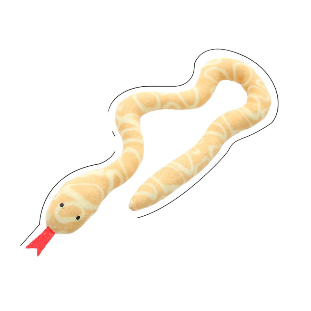 Long, flexible catnip snake toy with a textured surface, perfect for biting, kicking, and carrying.