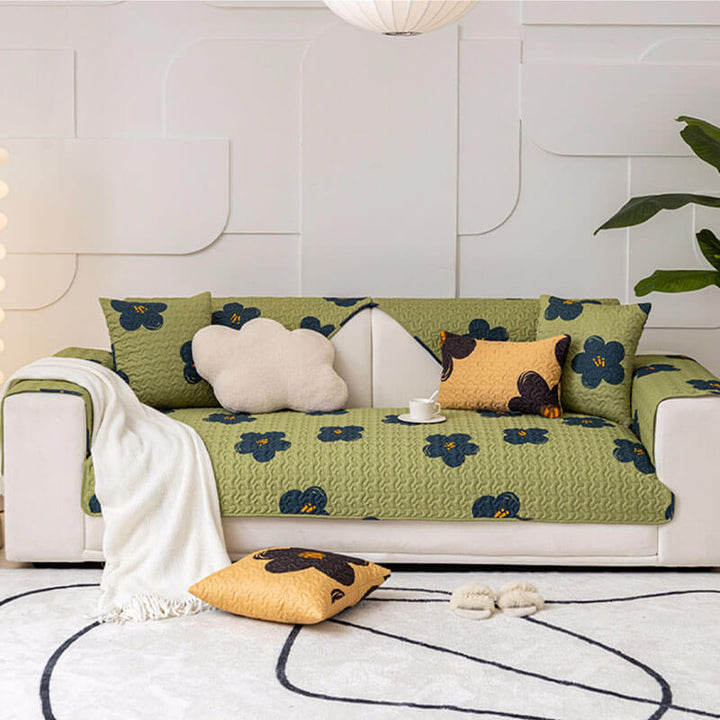 Beige cotton non-slip couch cover, pet-friendly and machine washable home decor