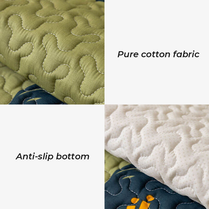Green cotton non-slip couch cover draped over a sectional, pet-friendly design