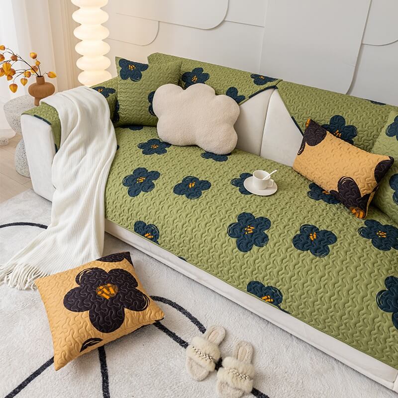 Machine washable green cotton sofa cover, ideal for pet owners, home decor