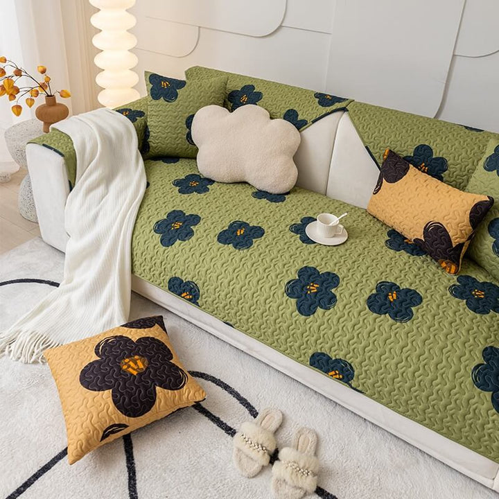 Machine washable green cotton sofa cover, ideal for pet owners, home decor