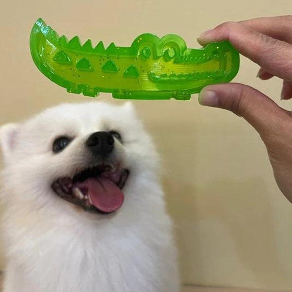 TPR dog chew toy, green crocodile design, promotes slow eating and dental hygiene