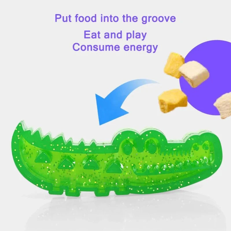 Dog enrichment toy: green crocodile slow feeder for extended play and feeding