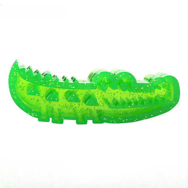 Green crocodile slow feeder chew toy for dogs, promotes dental health and slow eating.