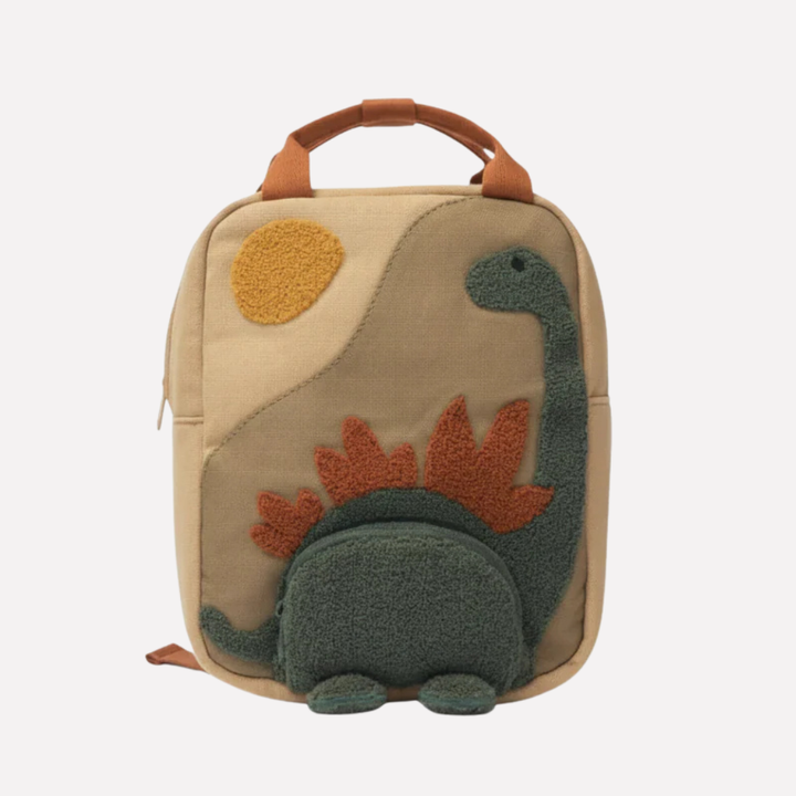Green dinosaur backpack for kids, perfect as a school bag for boys & girls, featuring fun dino spikes & a main compartment.