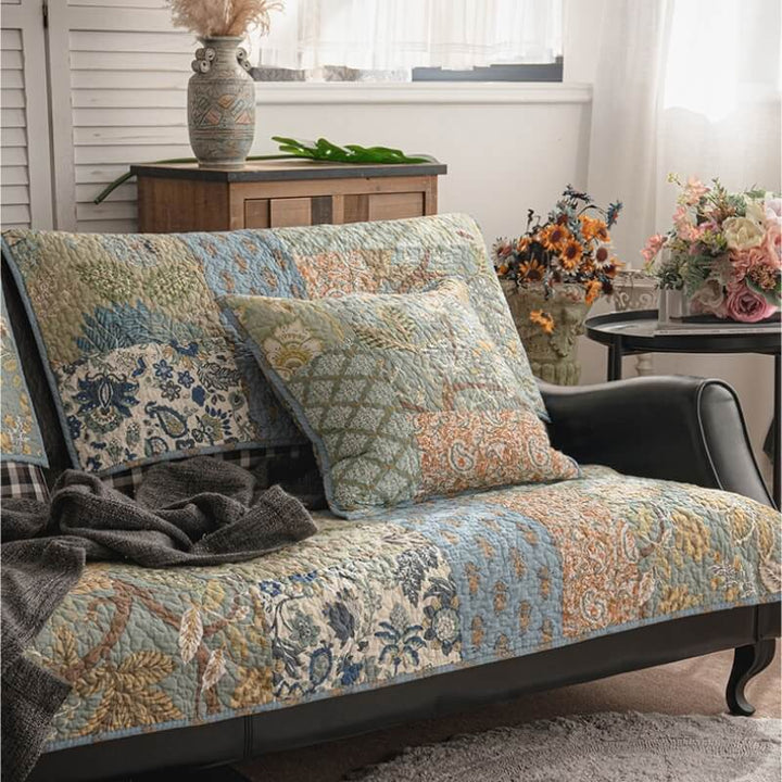 Green floral cotton non-slip couch cover, pet friendly sofa protector, quilted home decor.