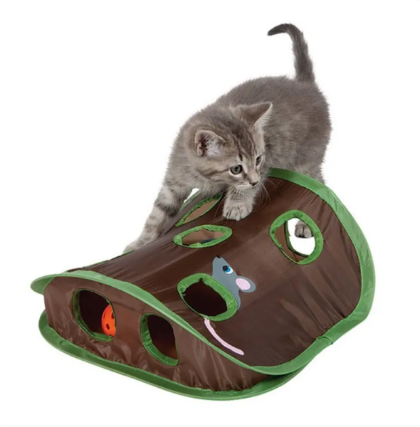 Green interactive cat play tent with hanging toys and crinkle material for feline enrichment.