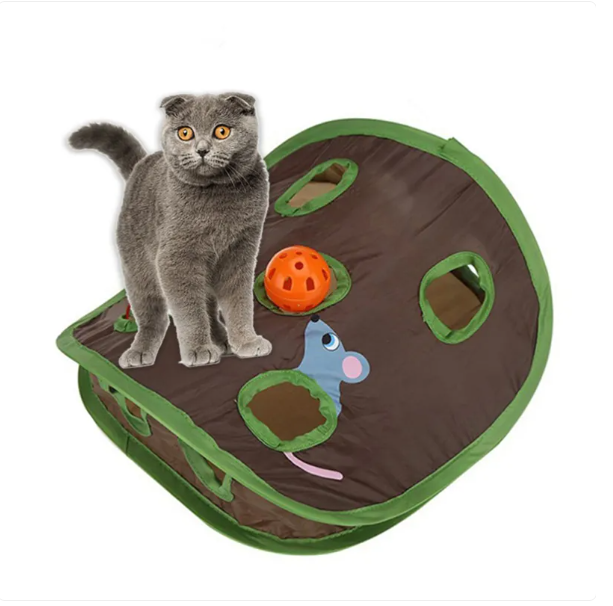 Unisex cat play tent, green, with multiple dangling toys for a cat to bat and pounce.