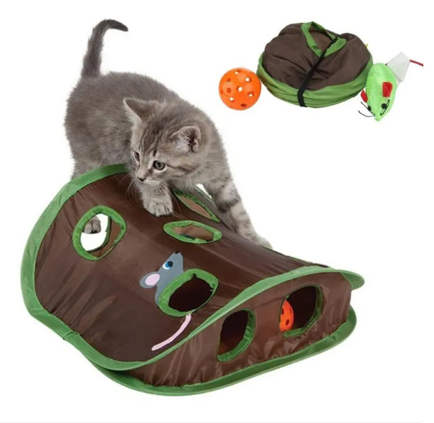 Close-up of a cat entering a green interactive play tent, showing crinkle fabric detail.