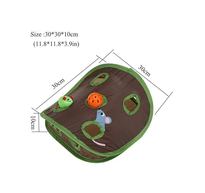 Top-down view of a green interactive cat tent with attached toys, suitable for play and rest.